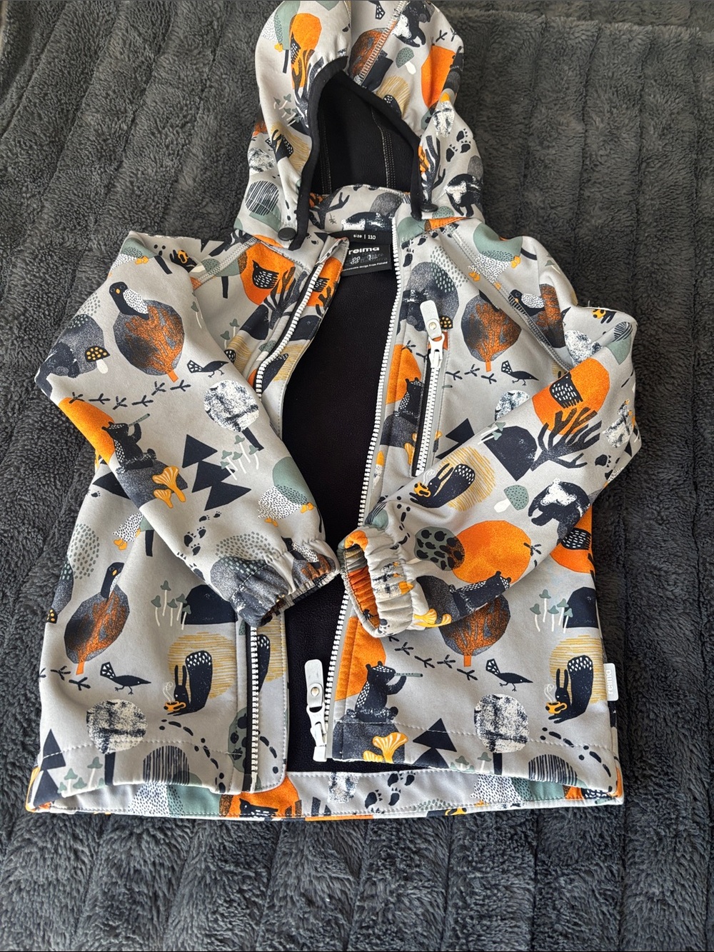 Kids Hooded Rain Jacket with Playful Forest Print - Orange & Gray